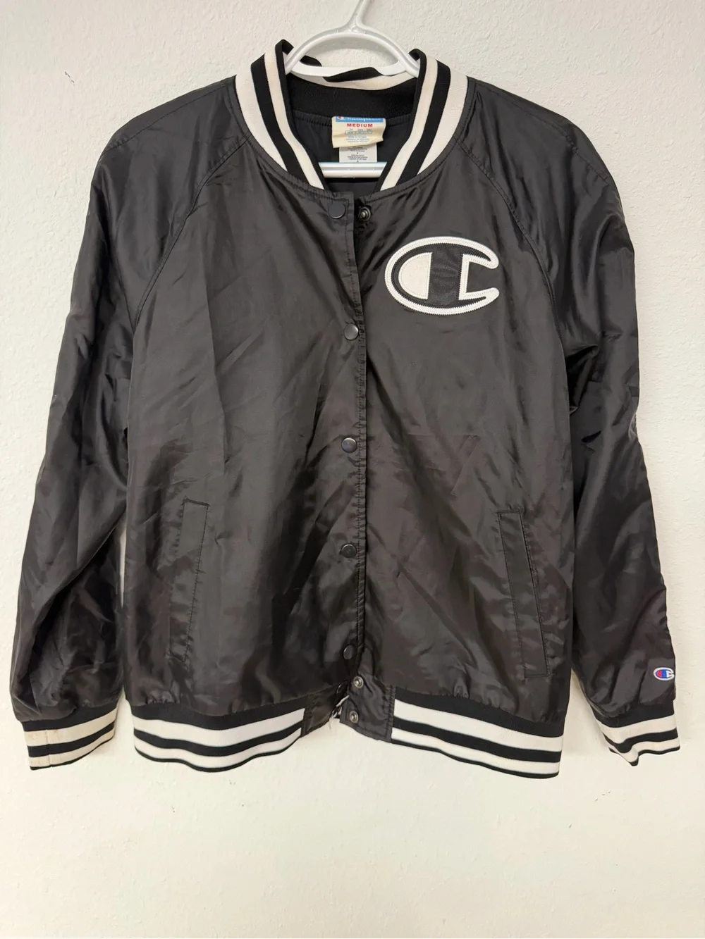 Vintage Champion Black Satin Bomber Jacket with White Stripe Trim